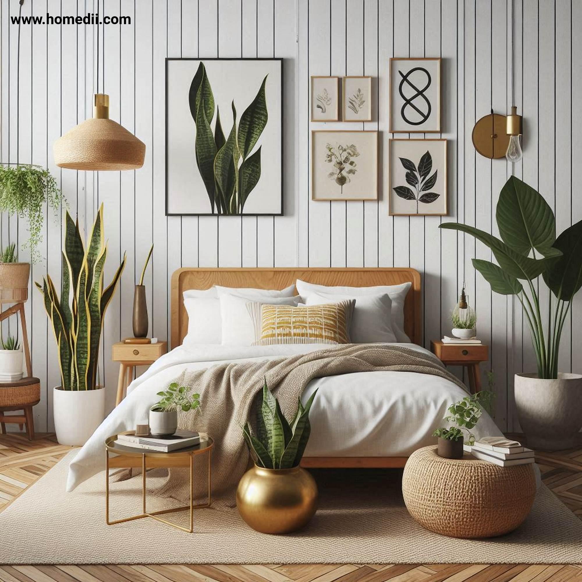 Mid Century Bedroom Tips - Use Plants For Freshness with Snake Plants, Fiddle-Leaf Figs, Pothos, Vintage Planters!